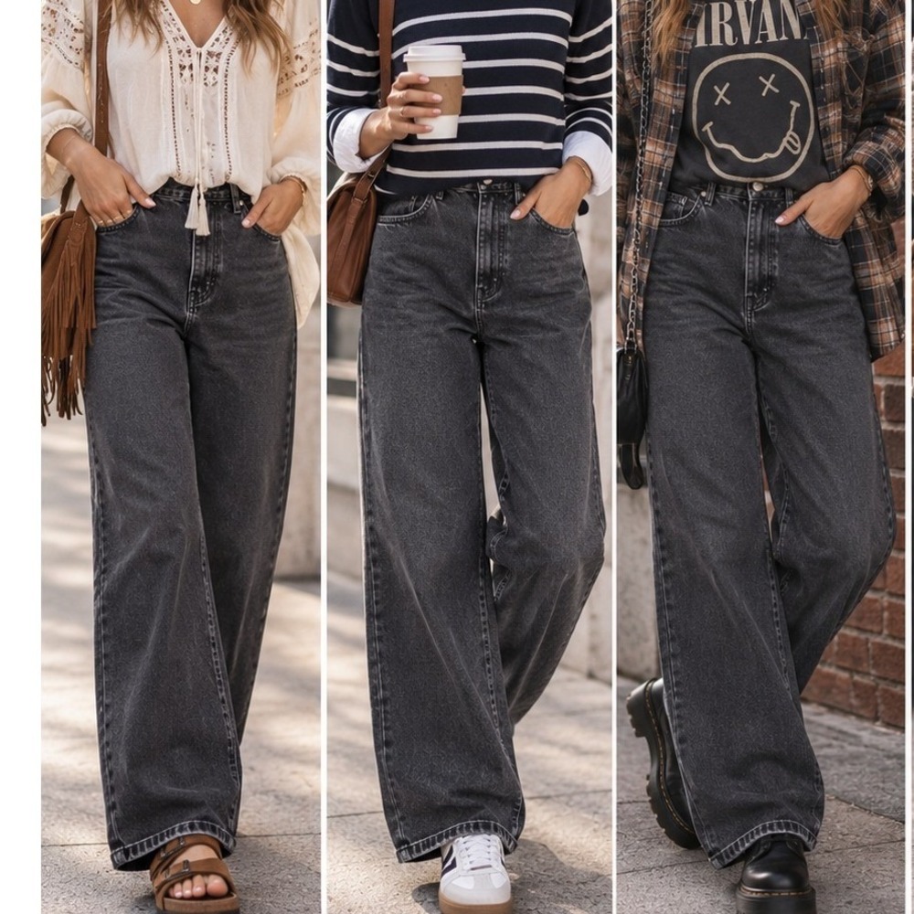 Old Navy Wow Baggy Wide Leg Jeans Womens 14 Charcoal black Mid Rise Denim ankle